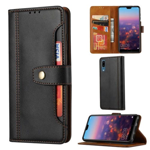 Para Huawei P20 Estuche de cuero con cierre de doble pliegue horizontal con textura de becerro con marco de fotos, soporte, ranuras para tarjetas y billetera (negro)