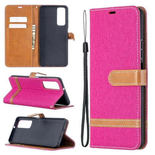 Para Huawei P Smart 2021 / Y7A Lite Color Matching Denim Texture Horizontal Flip Funda de cuero con soporte y tragamonedas de tarjetas y billetera y cordón (Rose Rojo)