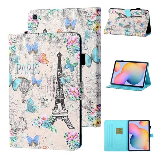 Estuche para Samsung Galaxy Tab S6 Lite P610 / P615 Cuero Abatible Horizontal con Soporte y Ranura para Tarjeta (Torre y Mariposas)