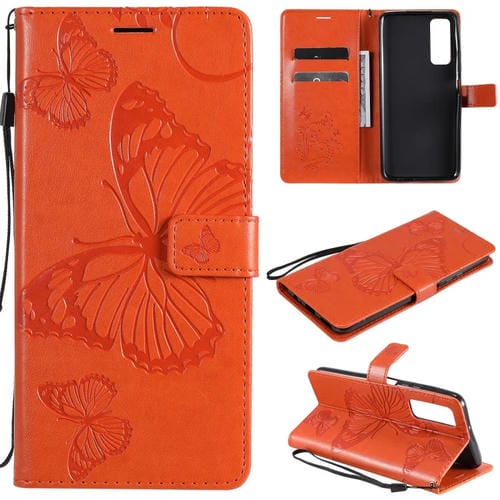 Para Huawei P Smart 2021 Butterflies 3D Patrón de estampado de estampado horizontal Flip Funda con soporte y ranura para tarjeta y billetera (naranja)
