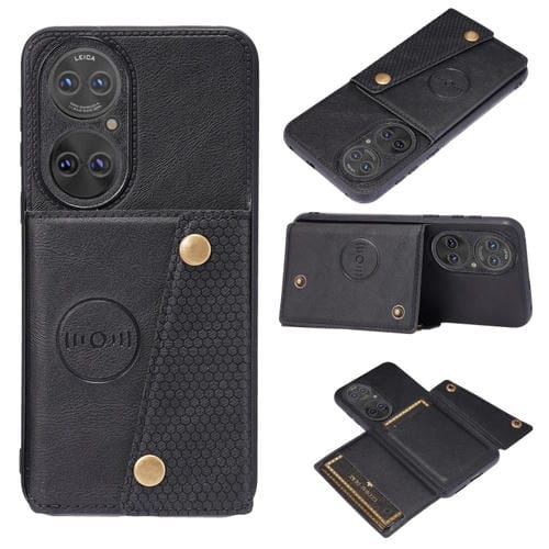 Para Huawei P50 doble hebilla PU + TPU Funda protectora magnética a prueba de golpes con ranura para tarjeta y soporte (negro)