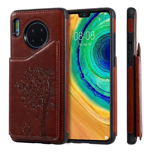 Funda protectora a prueba de golpes con patrón de relieve de árbol de gato Huawei Mate 30 con ranuras para tarjetas y marco de fotos (marrón)