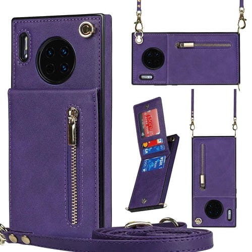 Para Huawei Mate 30 Cross-Body Zipper Square TPU + PU Funda posterior de la PU con soporte y tragamonedas de tarjetas y billetera y correa (púrpura)