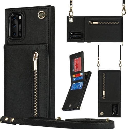 Para Huawei P40 Cross-Body Zipper Square TPU + PU Funda trasera con soporte y tragamonedas de tarjeta y billetera y correa (Negro)