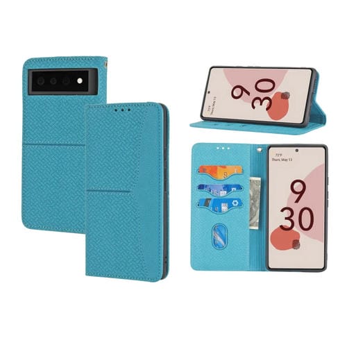 Para Google Pixel 6 Textura tejida Costura Magnética Horizontal Flip PU Funda de cuero con soporte y tragamonedas de tarjetas y billetera y cordón (azul)