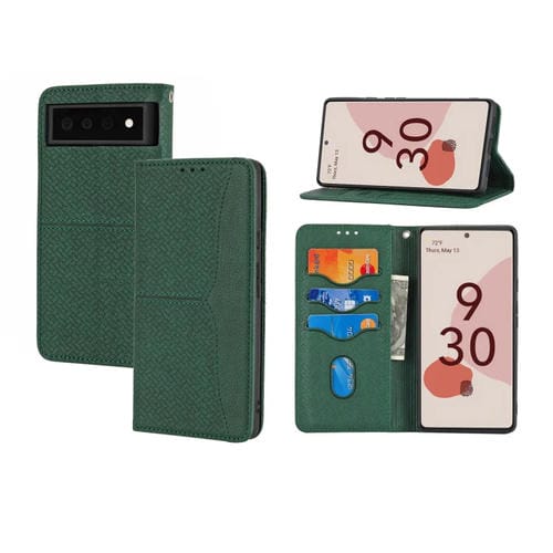 Para Google Pixel 6 Pro Woven Texturing Sticer Magnetic Horizontal Flip PU Funda de cuero con soporte y ranuras para tarjetas y Filtera (Green)
