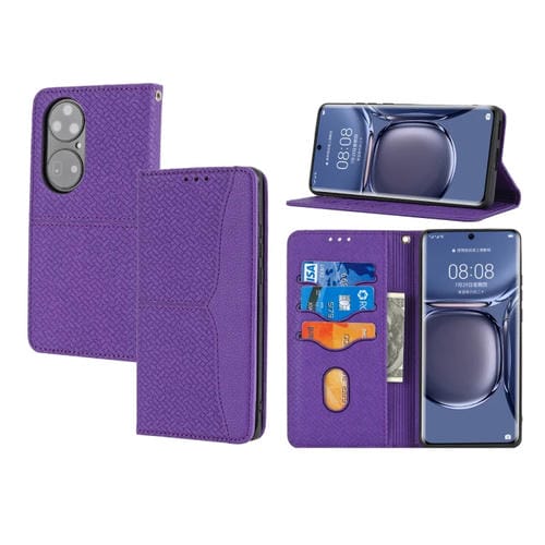 Para Huawei P50 Textura tejida Costura Magnética Horizontal Flip PU Funda de cuero con soporte y ranuras para tarjetas y Filtera (Púrpura)