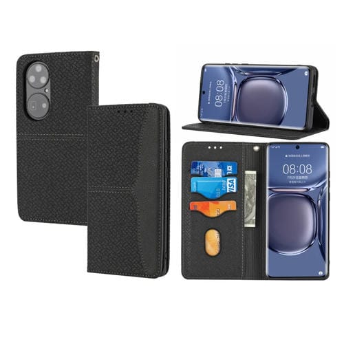 Para Huawei P50 Pro Textura Textura Magnética Horizontal Flip PU Funda de cuero con soporte y ranuras para tarjetas y Filtera (Negro)