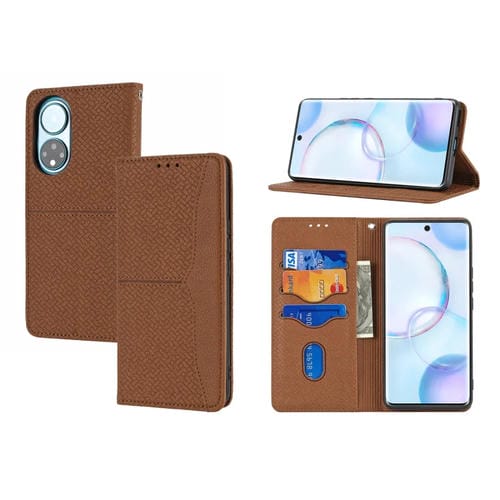 Para honrar 50 texturas tejidas costuras magnéticas Funda de cuero Horizontal Flip PU con soporte y tragamonedas y billetera y cordón (marrón)
