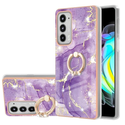 Funda TPU Electrochaplating Motorola Moto Edge 20 Patrón Mármol con Soporte de Anillo (Púrpura)