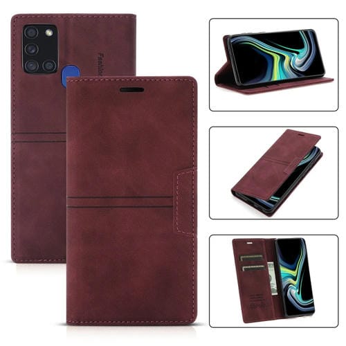 Funda para Samsung Galaxy A21S Caja de Cuero PU Flip Horizontal con Soporte y Ranura para Tarjeta y Billetera (Vino Rojo)