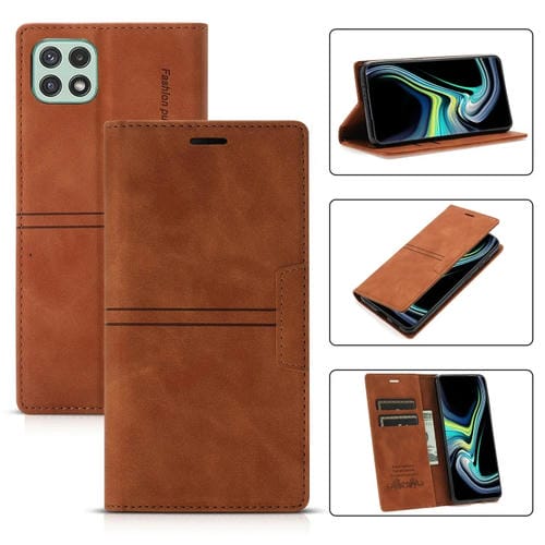 Funda Flip Samsung Galaxy A22 5G Succión Magnética Soporte Ranura Tarjeta Billetera (Marrón)