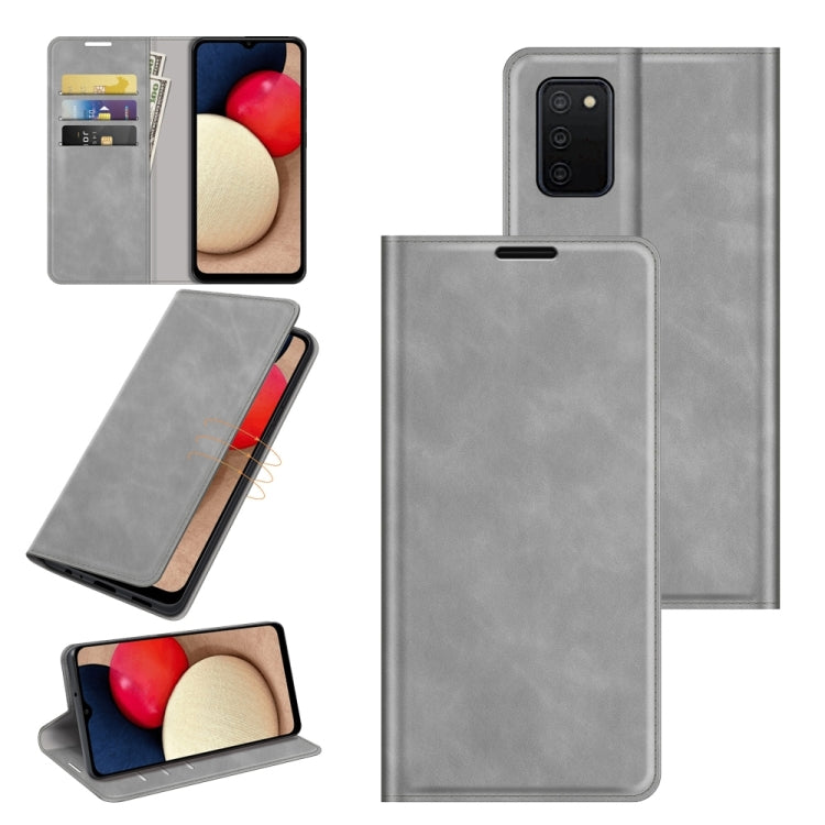 Caja de Cuero para Samsung Galaxy A03S Succión Magnética Soporte Ranuras Tarjetas Billetera (Gris)