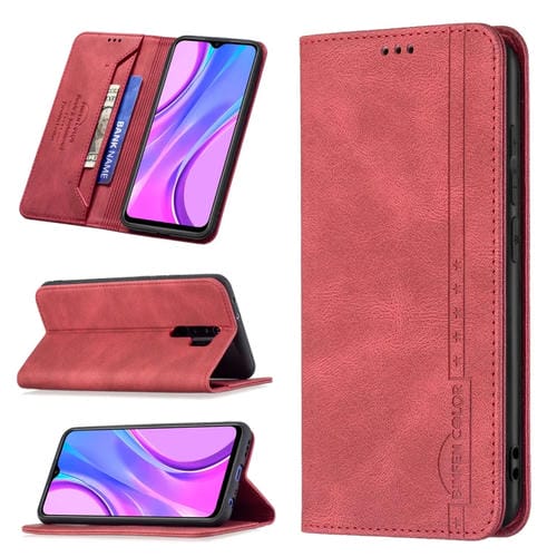 Para Xiaomi Redmi 9 Bloqueo de RFID Magnético Funda de cuero antirrobo con soporte y ranuras para tarjetas y billetera (rojo)