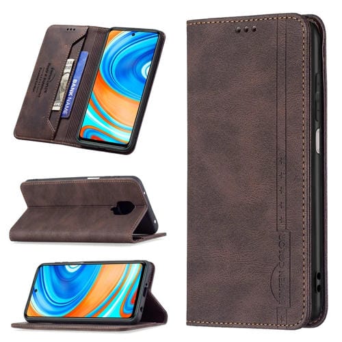 Para Xiaomi Redmi Note 9 Pro Max / Note 9 PRO / Note 9S Funda de cuero antirrobo de bloqueo RFID magnético con soporte y ranuras para tarjetas (marrón)
