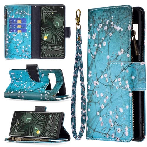 Para Google Pixel 6 PRO Coloree Dibujos de dibujo con cremallera Horizontal Flip Teléfono Funda de cuero con soporte y ranuras para tarjetas (Plum Blossom)