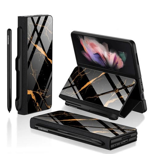Funda de Vidrio Templado para Samsung Galaxy Z Fold3 5G Gkk con Ranura de Lápiz (Línea de Oro Negro)