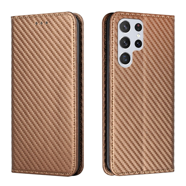 Para Samsung Galaxy S22 Ultra 5G Carbon Fiber Texture Titular de la funda de cuero (Marrón)