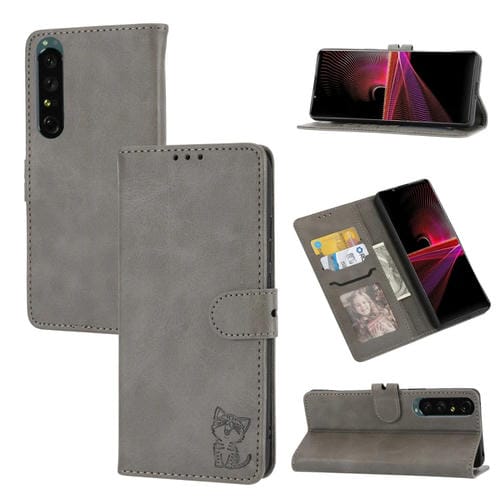 Estuche de Cuero para Sony Xperia 1 IV con Patrón de Gato Feliz Estampado (Gris)