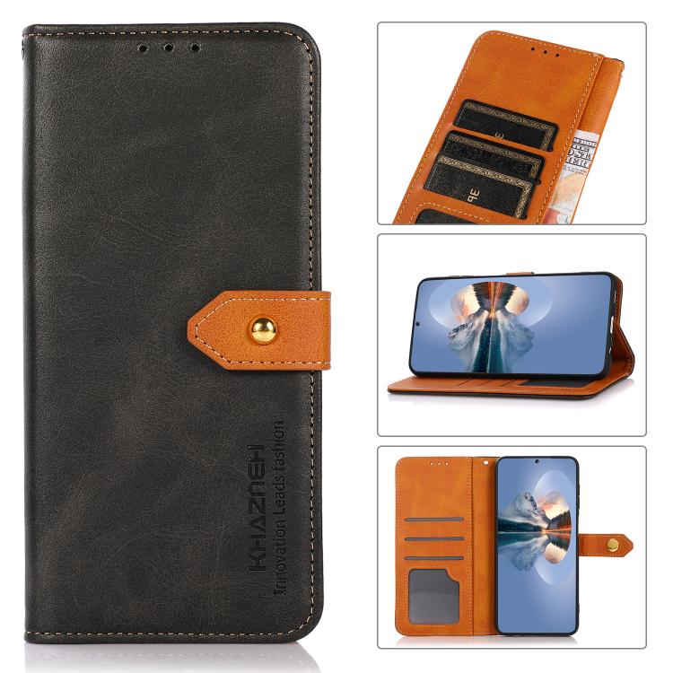Funda Piel de Vaca Khazneh para iPhone 16E con Tapa Dos Colores (Negro)