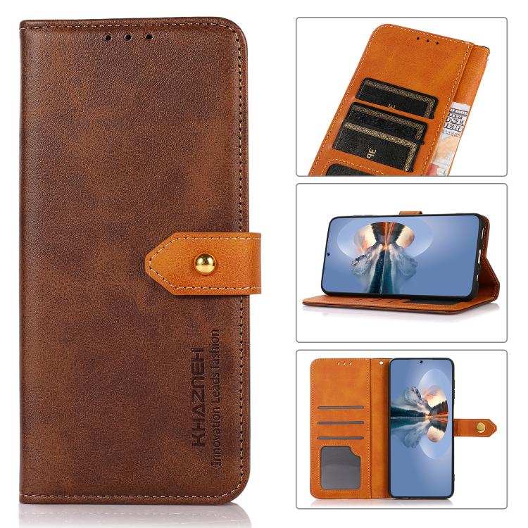 Funda de Piel de Vaca Khazneh para iPhone 16E con Tapa Dos Colores (Marrón)