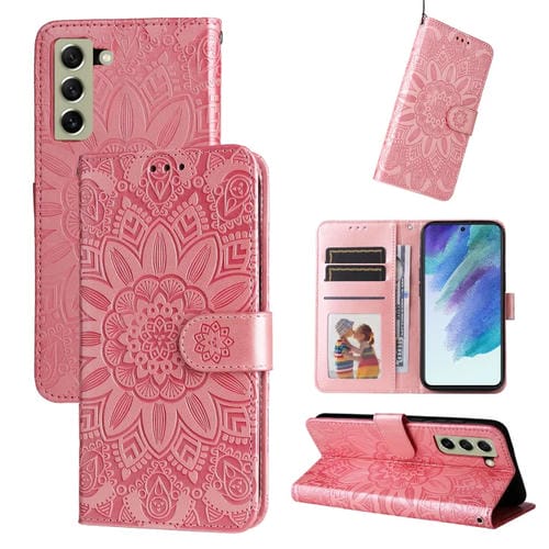 Estuche para teléfono Samsung Galaxy S21 FE 5G cuero estampado girasol en relieve (Rosa)