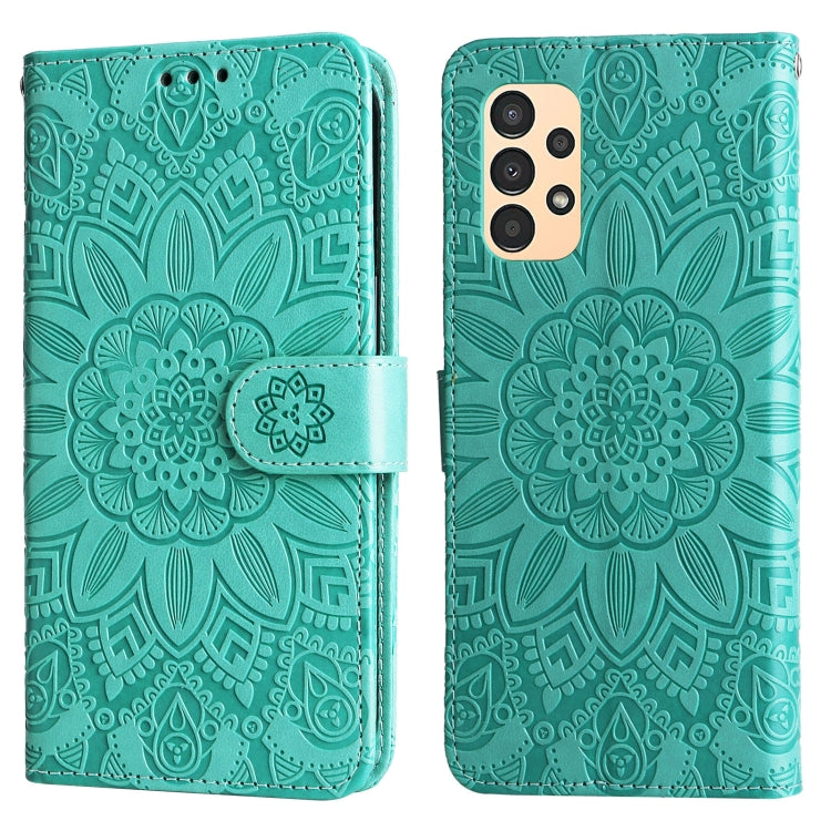 Para Samsung Galaxy A13 5G Estuche para teléfono de cuero con estampado de girasol en relieve (verde)
