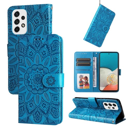 Para Samsung Galaxy A53 5G Estuche para teléfono de cuero con estampado de girasol en relieve (Azul)