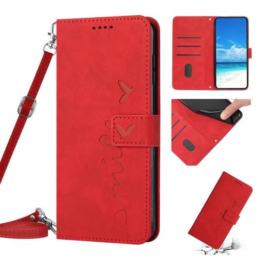 Funda de Cuero Samsung Galaxy A03S 166mm Skin Feel Heart Pattern con Cordón (Rojo)