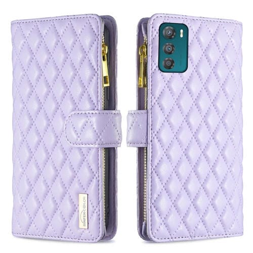 Para Motorola Moto G42 4G Diamond Lattice Zipper Wallet Funda de cuero con tapa para telĂ©fono (PĂșrpura)