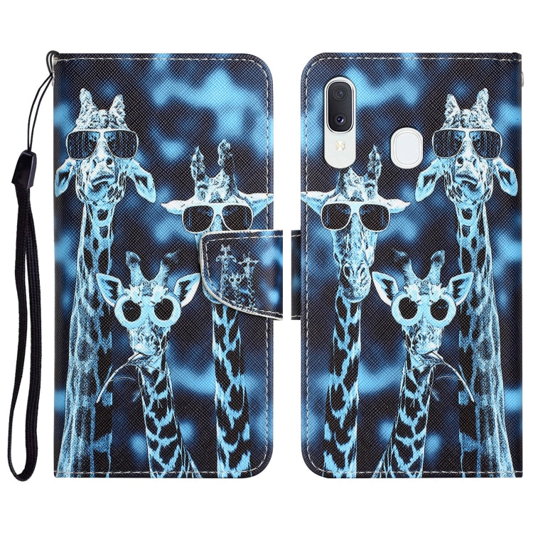Para Samsung Galaxy A20e Estuche para teléfono de cuero con dibujo coloreado (jirafas)