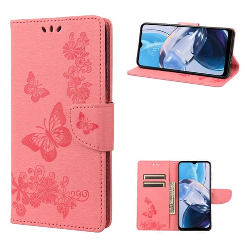 Para Motorola Moto E22 / E22i Estuche para teléfono de cuero con tapa horizontal en relieve de mariposa (rosa)
