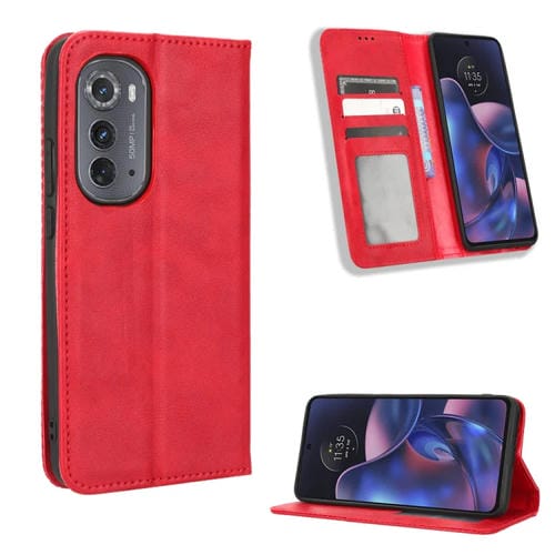 Funda de Cuero para Motorola Edge 2022 con Hebilla Magnética y Textura Retro (Rojo)