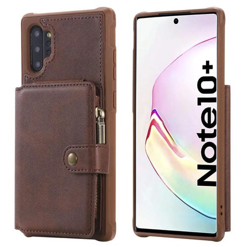 Estuche Protector para Galaxy Note 10 Plus con Cremallera a Prueba de Golpes Ranuras para Tarjetas Soporte y Billetera (Café)