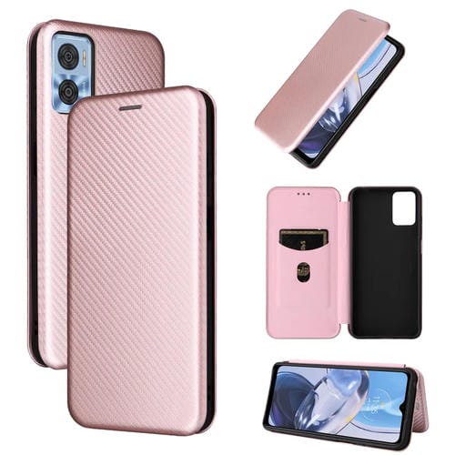 Para Motorola Moto E22 4G / Moto E22i 4G Global Carbon Fiber Texture Horizontal Flip PU Phone Case (Rosa)