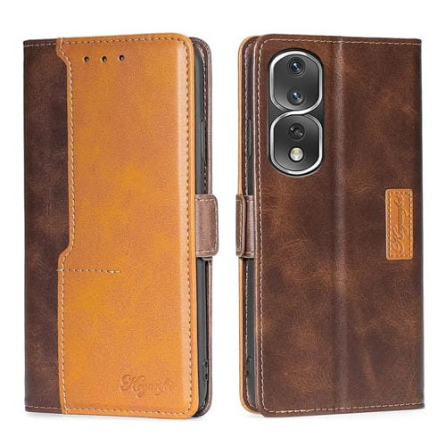 Estuche para Honor 80 Pro de Cuero con Hebilla Lateral y Color de Contraste (Marrón Oscuro + Dorado)