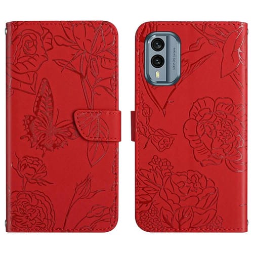 Funda de Cuero para Nokia X30 Ht03 con Tapa en Relieve y Diseño Butterfly (Rojo)