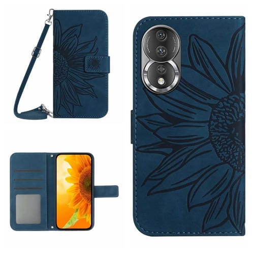 Funda de Cuero para Honor 80 HT04 con Tapa en Relieve y Cordón (Azul Tinta)