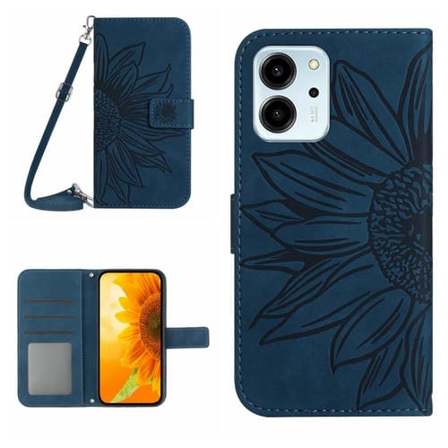Funda de Cuero para Honor 80 SE HT04 con Tapa en Relieve y Cordón (Azul Tinta)