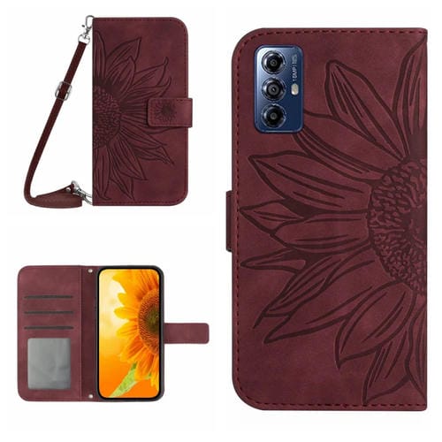 Funda de Cuero Motorola Moto G Play 2023 Ht04 con Tapa en Relieve y CordĂłn (Rojo Vino)