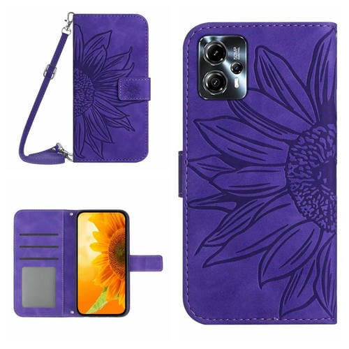 Funda de Cuero con Tapa y Cordón para Motorola Moto G23 4G/G13 4G Skin Feel Sun Flower (Púrpura Oscuro)