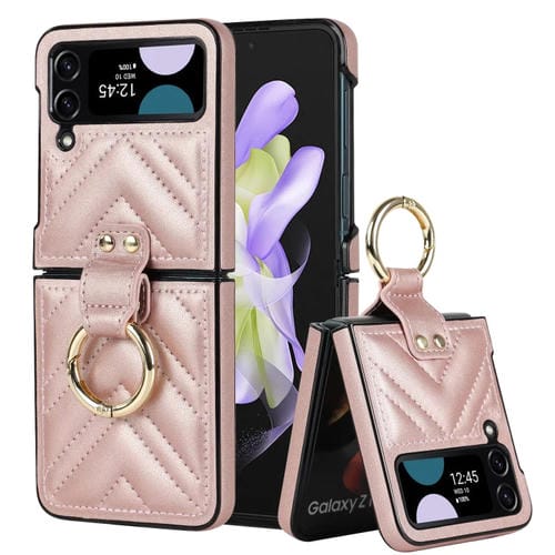 Funda Protectora Samsung Galaxy Z Flip4 Teléfono Plegable Forma de V con Anillo (Oro Rosa)