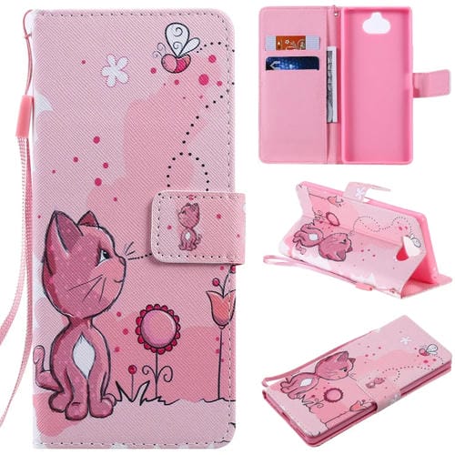 Para Sony Xperia 20 Painting Funda de cuero con tapa horizontal con soporte, ranura para tarjeta y cordón (gato y abeja)