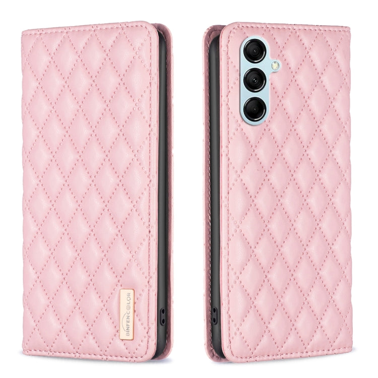 Para Samsung Galaxy M14 5G Diamond Lattice Funda de teléfono con tapa de cuero magnético (rosa)
