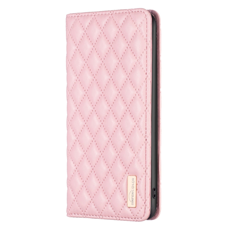 Para Samsung Galaxy M14 5G Diamond Lattice Funda de teléfono con tapa de cuero magnético (rosa)