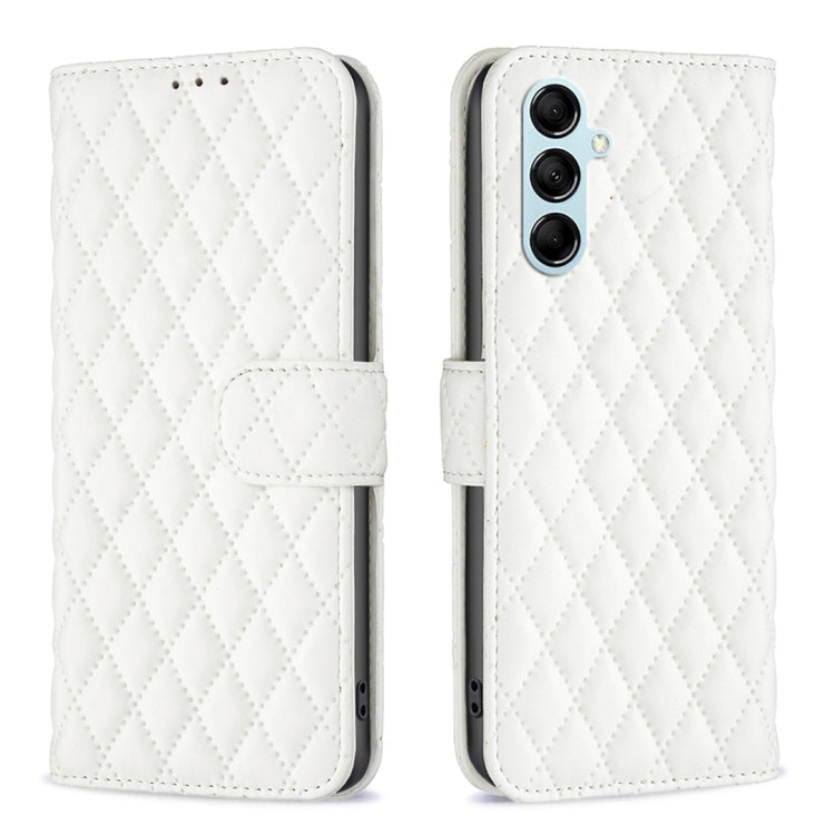 Para Samsung Galaxy M14 5G Diamond Lattice Wallet Funda de cuero con tapa para teléfono (Blanco)