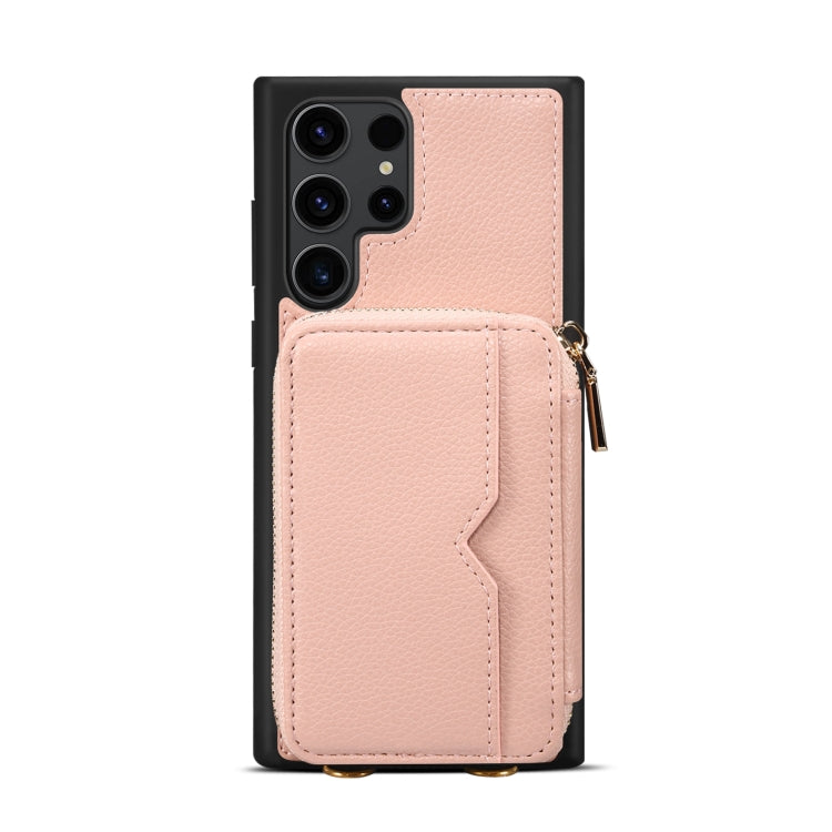 Para Samsung Galaxy S22 Ultra 5G Estuche para teléfono con ranura para tarjeta con cremallera (rosa)