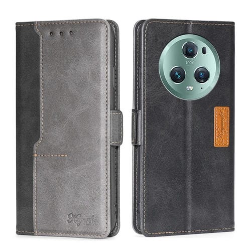 Caja de Teléfono de Cuero para Honor Magic5 Pro con Hebilla Lateral y Color de Contraste (Negro + Gris)