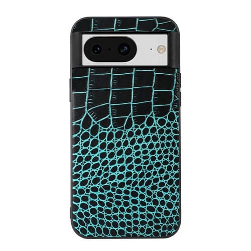 Funda de Teléfono Google Pixel 8 Cuero Genuino Cocodrilo Textura (Cian)