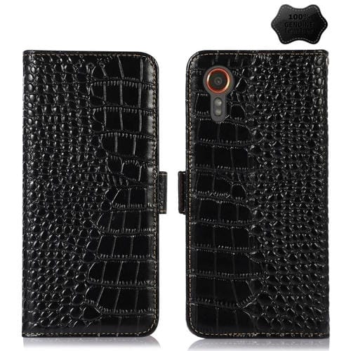 Funda para Teléfono Samsung Galaxy Xcover 7 Piel de Vaca con Capa Superior de Cocodrilo (Negro)